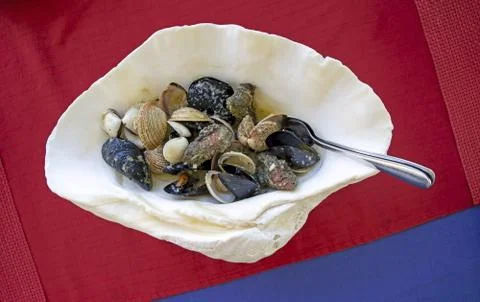 Delicious dish of mixed shellfish served in a large shell Stock Photos