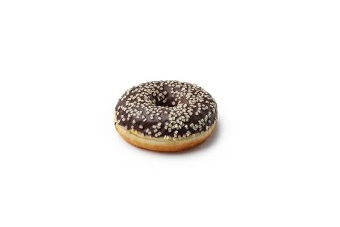 Delicious doughnut with chocolate icing and crisps on white Stock Photos