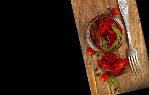 Delicious Dried Tomatoes in a Jar Rustic Style Stock Photos