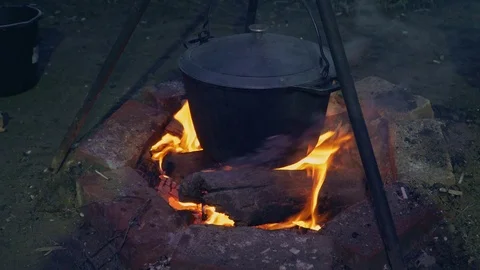 Delicious ear in a pot cooked on a fire Stock Footage 102440027