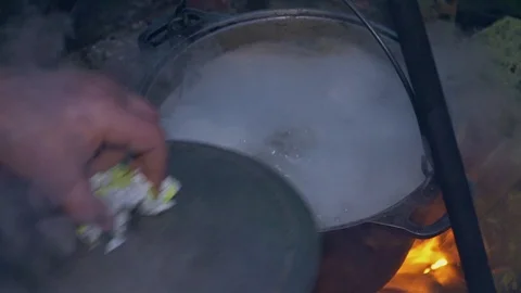 Delicious ear in a pot cooked on a fire close up Stock Footage 102440090