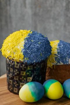 Delicious Easter cake in the colors of the flag of Ukraine, yellow-blue color Stock Photos
