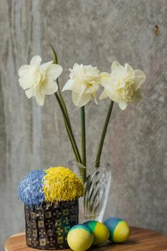 Delicious Easter cake in the colors of the flag of Ukraine, yellow-blue color Stock Photos