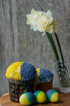 Delicious Easter cake in the colors of the flag of Ukraine, yellow-blue color Stock Photos