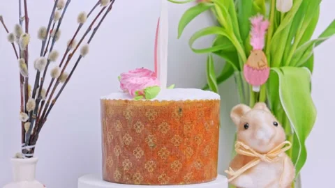 Delicious Easter cake with flowers. Happy Holiday Stock Footage 235457904
