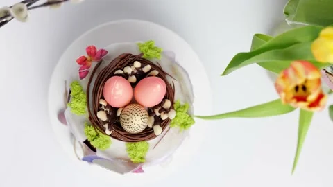 Delicious Easter cake with flowers. Happy Holiday Stock Footage 235458172