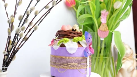 Delicious Easter cake with flowers. Happy Holiday Video stock 235458352