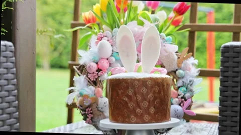 Delicious Easter cake with flowers. Happy Holiday Video stock 235459107