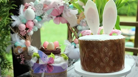 Delicious Easter cake with flowers. Happy Holiday Stock Footage 235460494