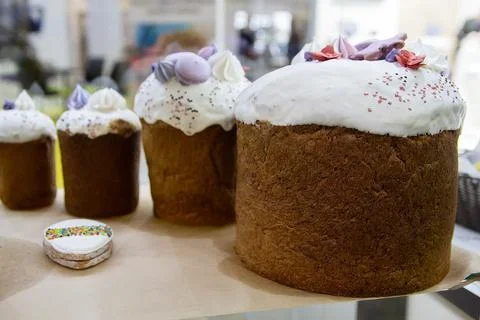 Delicious Easter cakes on the counter Stock Photos