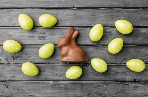Delicious Easter chocolate bunny, eggs and sweets Stock Photos