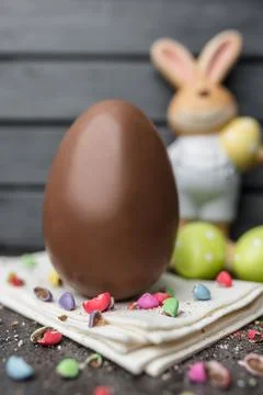 Delicious Easter chocolate bunny, eggs and sweets Stock Photos