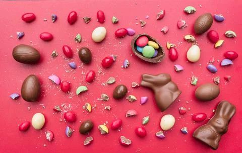 Delicious Easter chocolate bunny, eggs and sweets Stock Photos