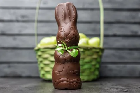 Delicious Easter chocolate bunny, eggs and sweets Stock Photos