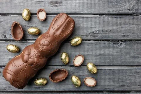 Delicious Easter chocolate bunny, eggs and sweets Stock Photos