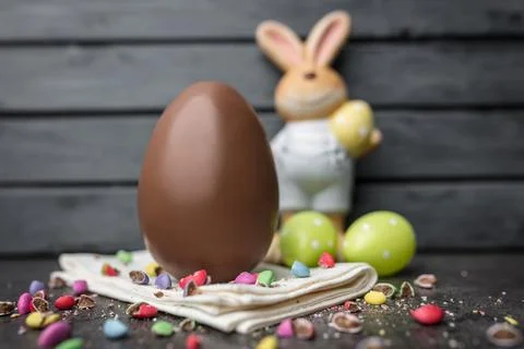 Delicious Easter chocolate bunny, eggs and sweets Stock Photos