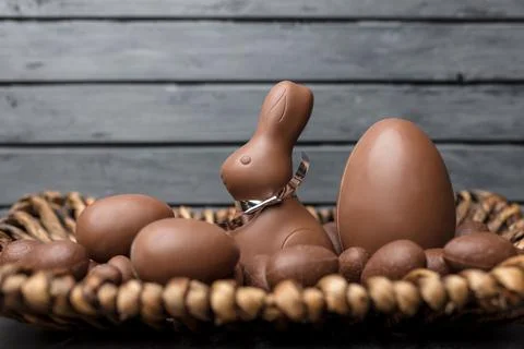 Delicious Easter chocolate bunny, eggs and sweets Stock Photos