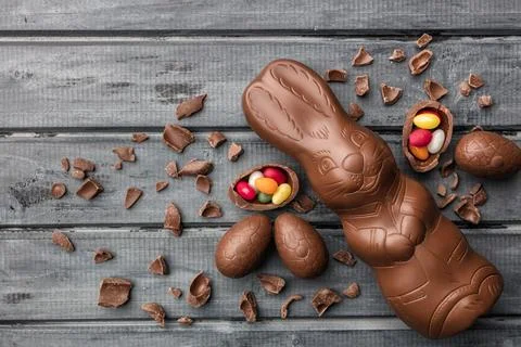 Delicious Easter chocolate bunny, eggs and sweets Stock Photos
