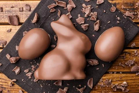 Delicious Easter chocolate bunny, eggs and sweets Stock Photos