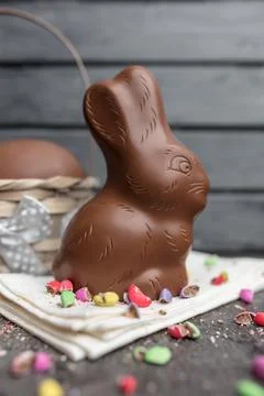 Delicious Easter chocolate bunny, eggs and sweets Stock Photos