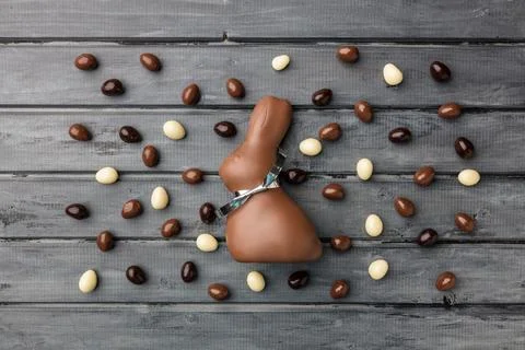 Delicious Easter chocolate bunny, eggs and sweets Stock Photos
