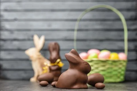 Delicious Easter chocolate bunny, eggs and sweets Stock Photos
