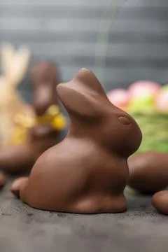Delicious Easter chocolate bunny, eggs and sweets Stock Photos