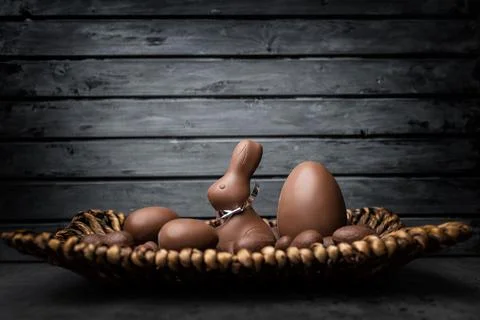 Delicious Easter chocolate bunny, eggs and sweets Stock Photos