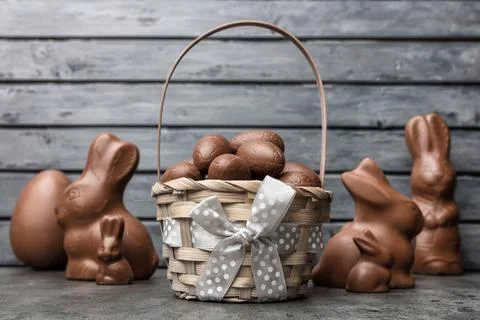 Delicious Easter chocolate bunny, eggs and sweets Stock Photos