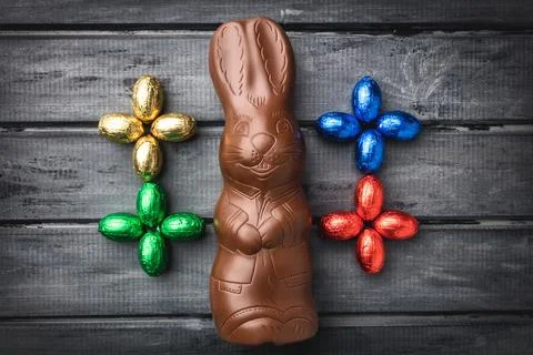 Delicious Easter chocolate bunny, eggs and sweets Stock Photos