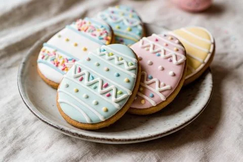 Delicious Easter egg shaped cookies decorated with colorful icing and sprinkl Stock Photos