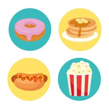 Delicious fast food in circle frames on white background Stock Illustration