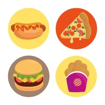 Delicious fast food in circle frames in white background Stock Illustration