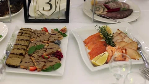 A delicious festive table, many different salads and cuts. Stock Footage 288482507