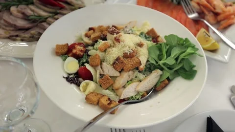 A delicious festive table, many different salads and cuts. Stock Footage 288482509