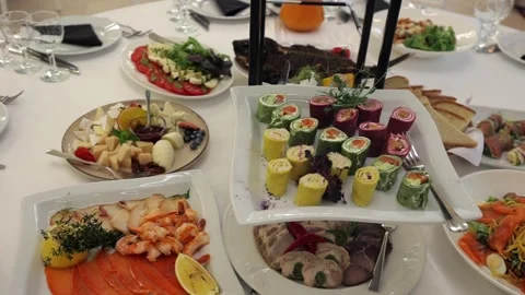 A delicious festive table, many different salads and cuts. Stock Footage 288482512