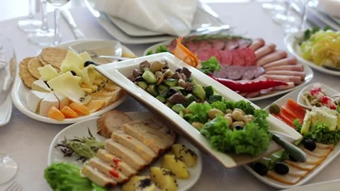 A delicious festive table, many different salads and cuts. Stock Footage 288482565