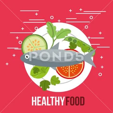 Delicious fish salad tomato cucumber healthy food Stock Illustration