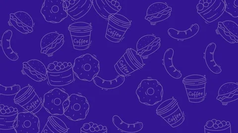 Delicious Food Pattern Background - Donuts, Burgers, Coffee, and More. Stock Footage 321858646