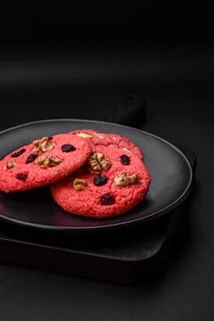 Delicious fresh crunchy pink oatmeal cookies with raspberry flavor Stock Photos