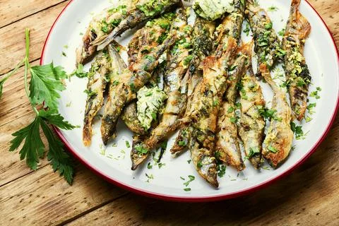 Delicious fried capelin Stock Photos