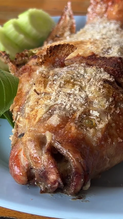Delicious fried fish or fish fry on a black plate with onion, tomato, and lemon Stock Footage 317959554