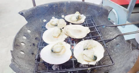 Delicious fried scallop in shell grilled on smoke fire Stock Footage 331688669