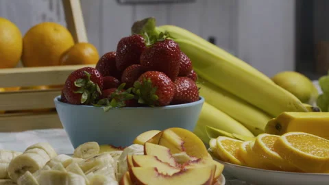 Delicious fruit on display on kitchen counter - closeup tracking shot 스톡 동영상 341027216