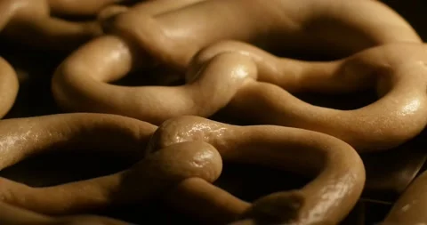 Delicious German pretzels while baking go high in the oven in time lapse Stock Footage 148505570