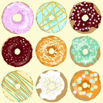 Delicious glazed donuts. Colored, isolated donuts. Objects. Illustrazione stock