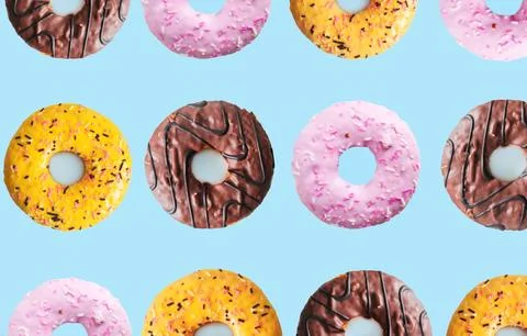 Delicious glazed donuts pattern on a white background. Top view. Flat lay. 写真素材