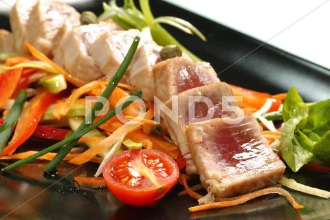 Delicious gourmet food with tuna and vegetables Stock Photos