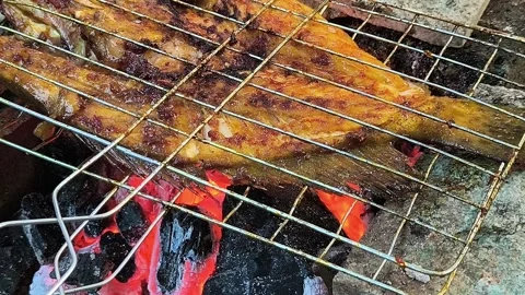 Delicious grilled fish using charcoal in a restaurant Stock Footage 323529526