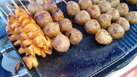 Delicious Grilled Meatballs Bakso Bakar On Charcoal Stock Footage 340126537